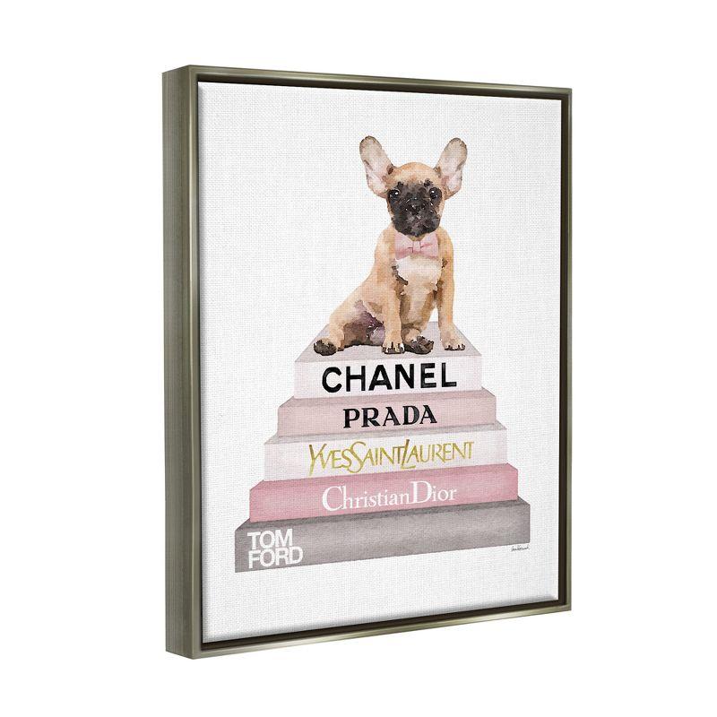Stupell Industries Watercolor High Fashion Bookstack French Bulldog Gray Floater Framed Canvas Wall Art, 16 x 20