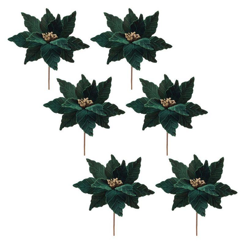 Green and Gold Faux Velvet Poinsettia Stems Set of 6