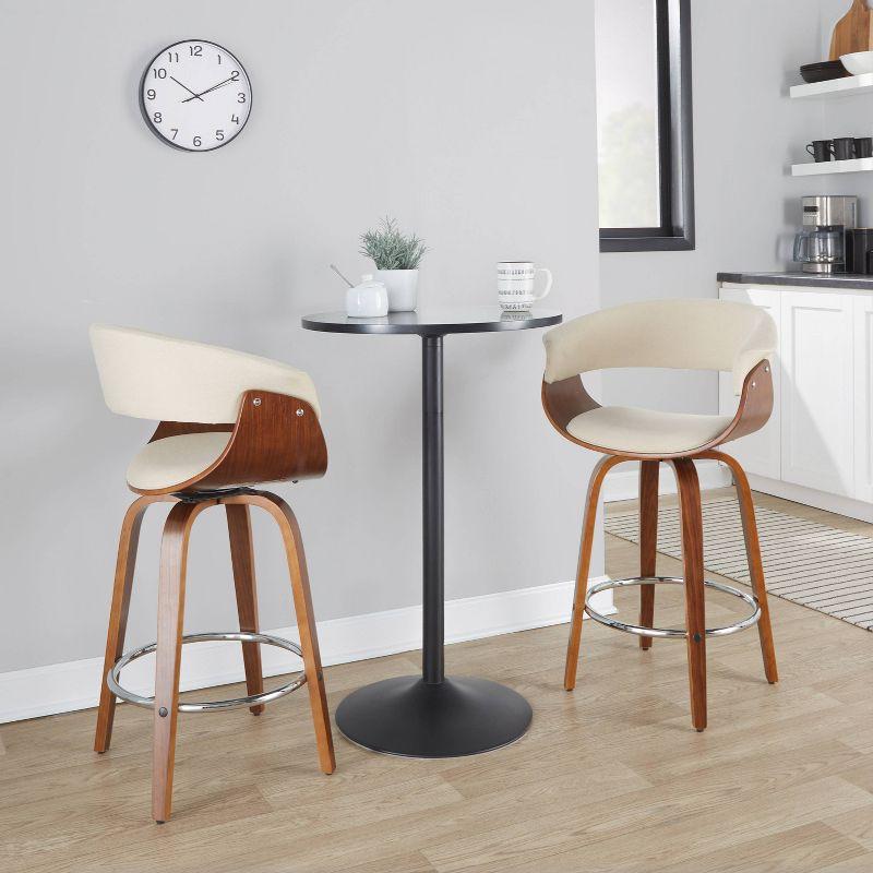 Set of 2 Vintage Modern Counter Height Barstools: Fixed-Height, Swivel, Footrest, Polyester Upholstery - LumiSource