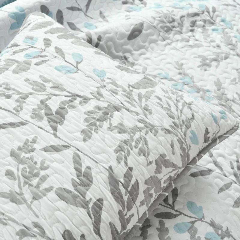 Blue and Gray Reversible Floral Microfiber Full Quilt Set