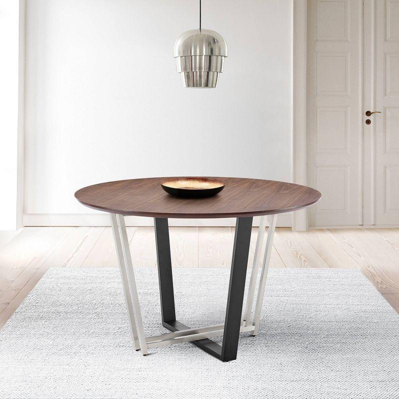 Armen Living 48" Joana Round Brushed Stainless Steel Iron Base with Tabletop Dining Table Black/Walnut