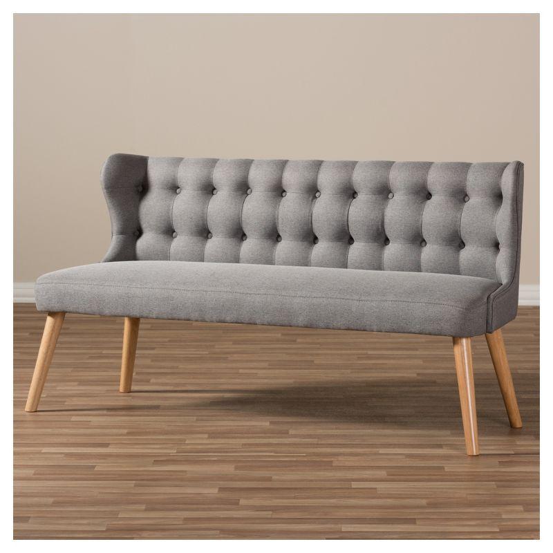 Melody Mid-Century Modern Fabric and Natural Wood Finishing 3 Seater Settee Bench Gray - Baxton Studio: Rubberwood Legs, Button-Tufted Back