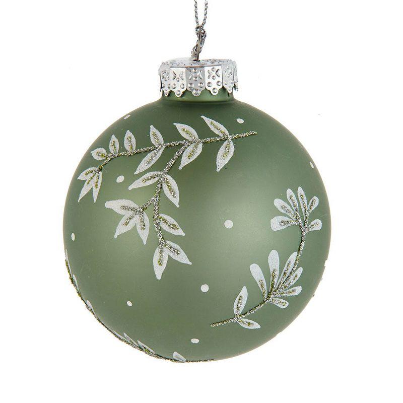 Sage Green Glass Ball Ornaments with White Leaf Design, Set of 6