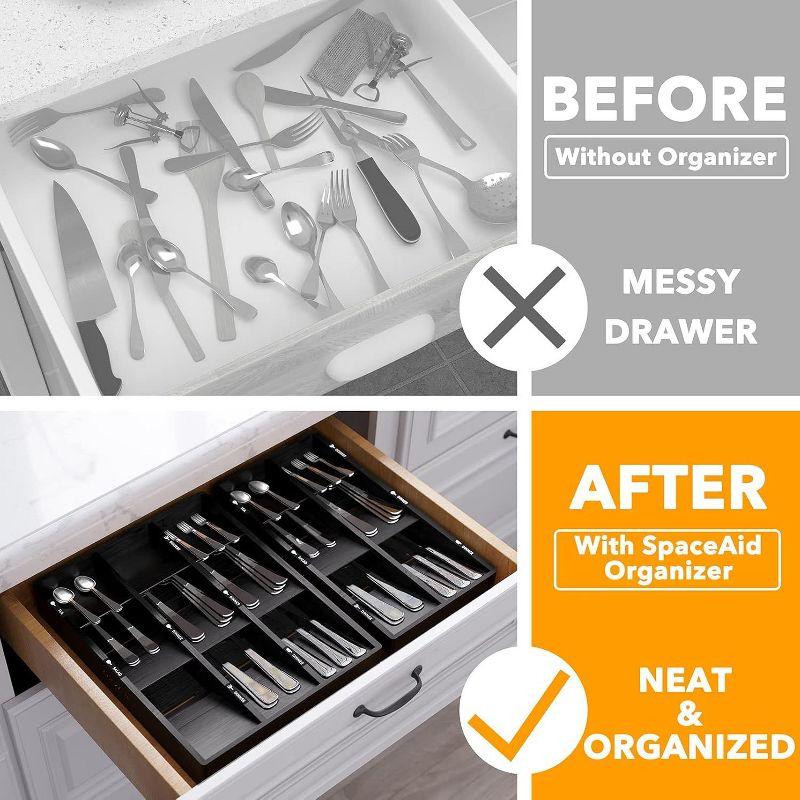 Bamboo Silverware Drawer Organizer with Labels - Kitchen Utensil Tray Holder for Flatware, Cutlery, Spoons, and Knives,Slots