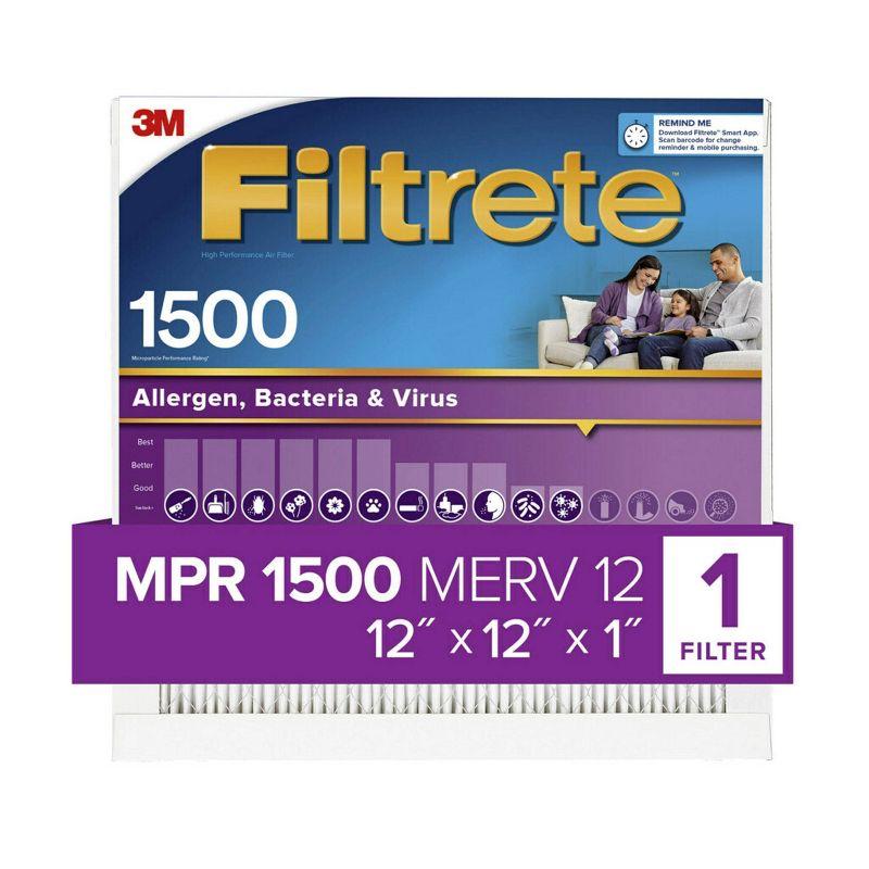 Filtrete 12x12x1 Allergen Bacteria and Virus Air Filter 1500 MPR: Electrostatic Furnace Filter, MERV 12, 3-Month Use