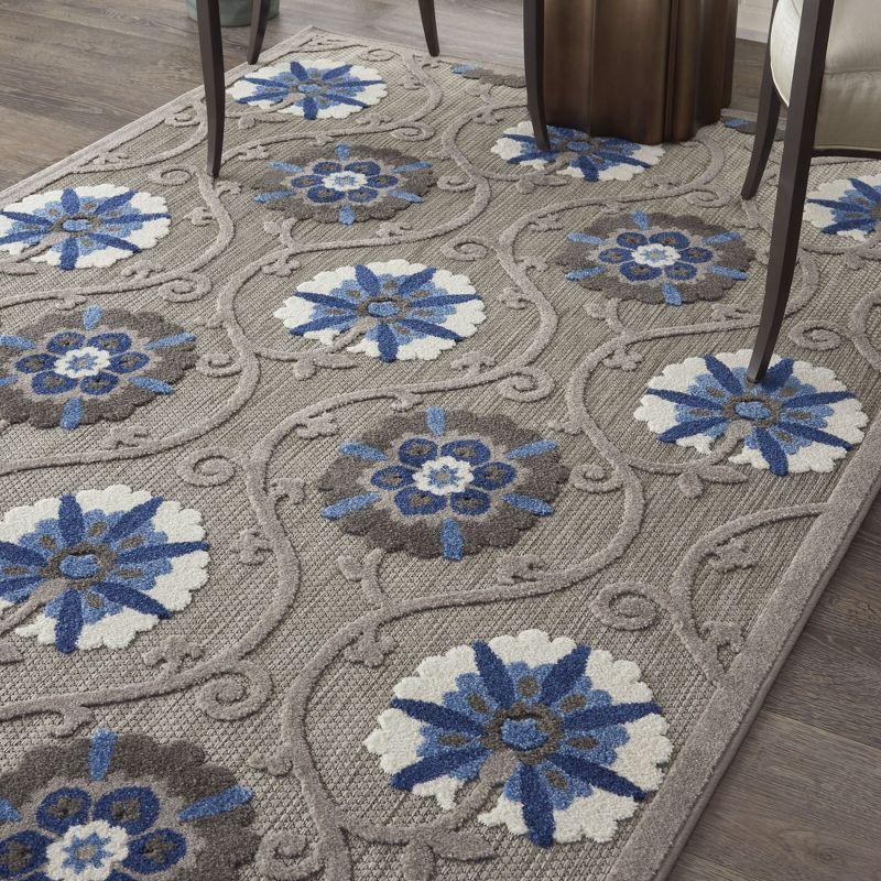 Nourison Aloha Contemporary Floral Flatweave High-Low Indoor Outdoor Area Rug Grey/Blue 3'6" x 5'6"