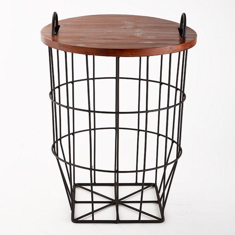 The Lakeside Collection Metal Storage Basket Side Table with Carrying Handles and Wooden Lid