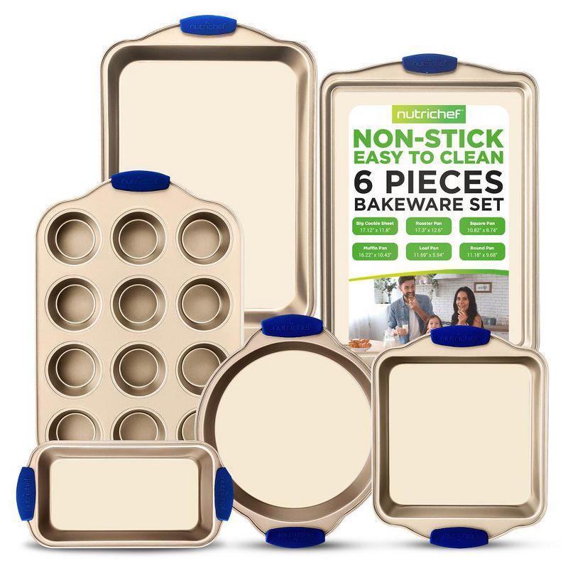 NutriChef 6-Piece Nonstick Bakeware Set with Blue Silicone Handles - Gold Coating