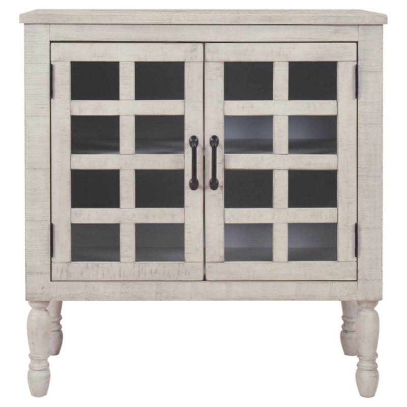 Falkgate Accent Cabinet Whitewash - Signature Design by Ashley: Antique Bronze Pulls, Glass Lattice Doors