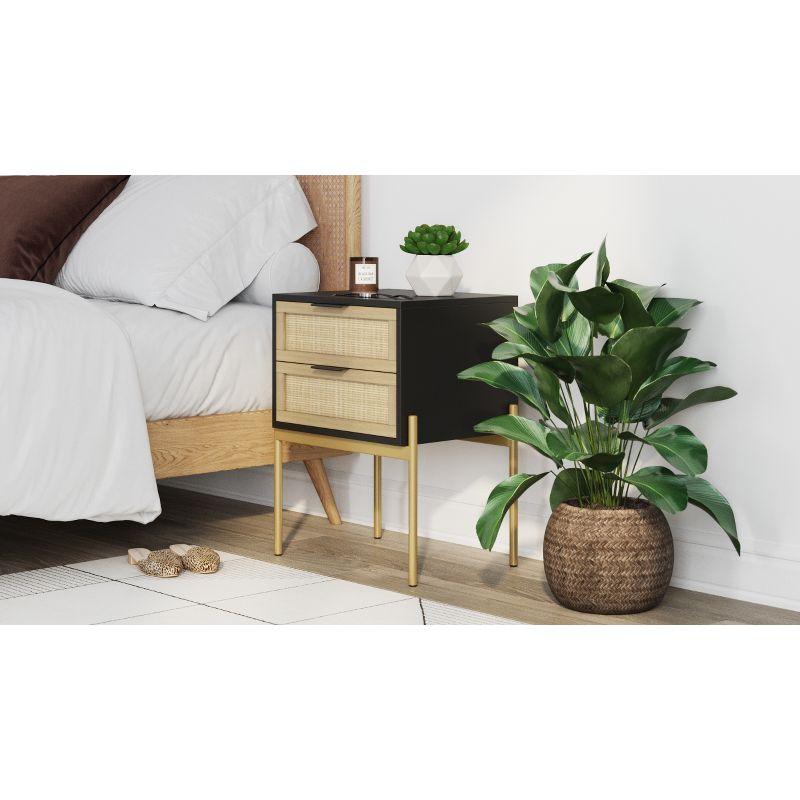 Nathan James Andrew 2 Drawers Side Table Matte Black Rattan: Brass Gold Hardware, Durable Metal Legs