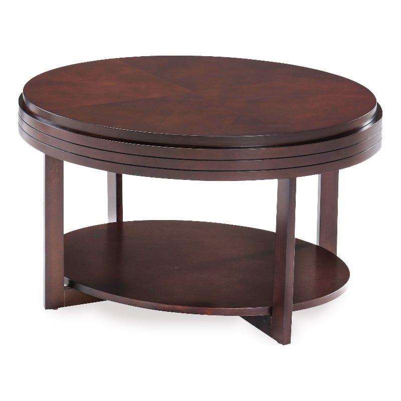 Oval Chocolate Wood Coffee Table with Storage Shelf