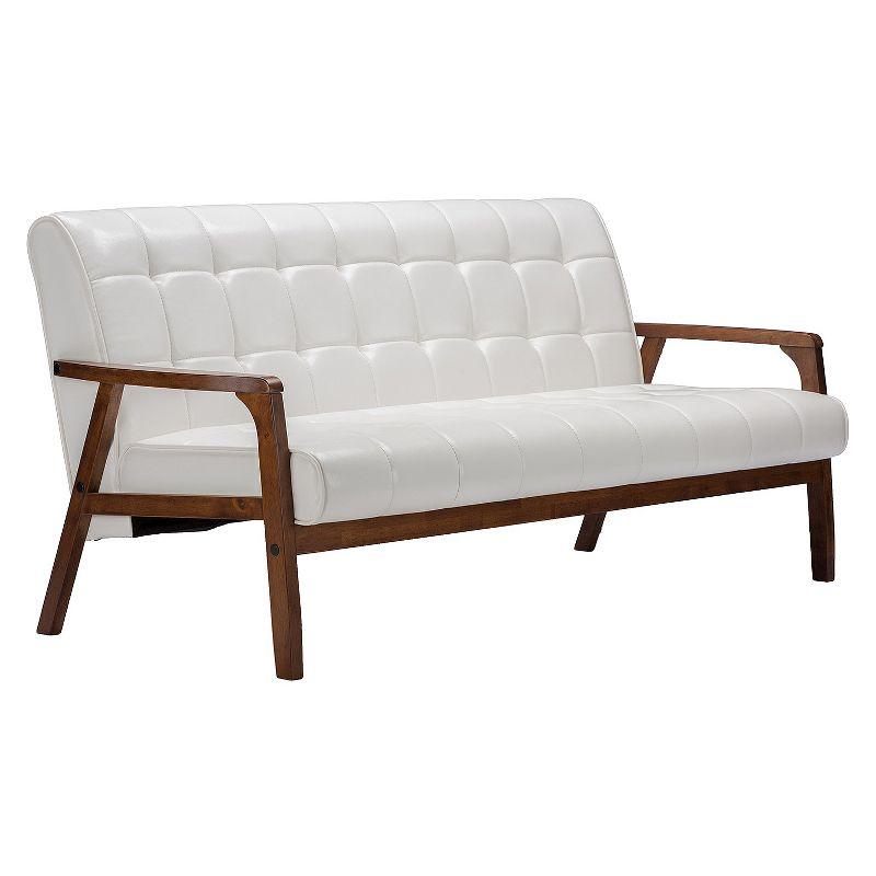 Elegant White Faux Leather Tufted Sleeper Sofa with Wood Accents