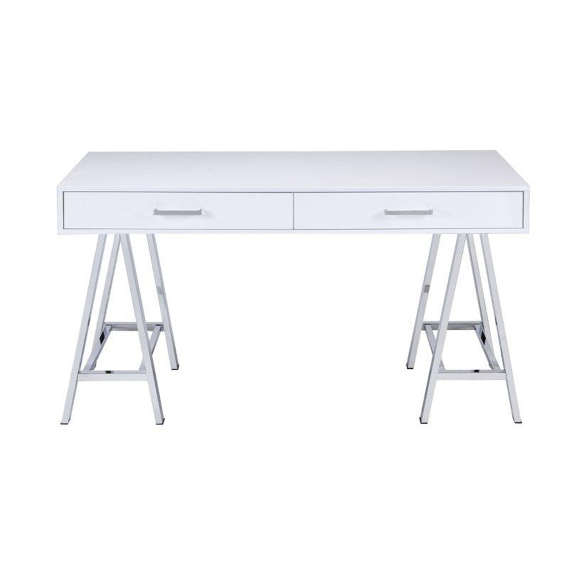 Modern White Wood Desk with Chrome Sawhorse Legs and Dual Drawers