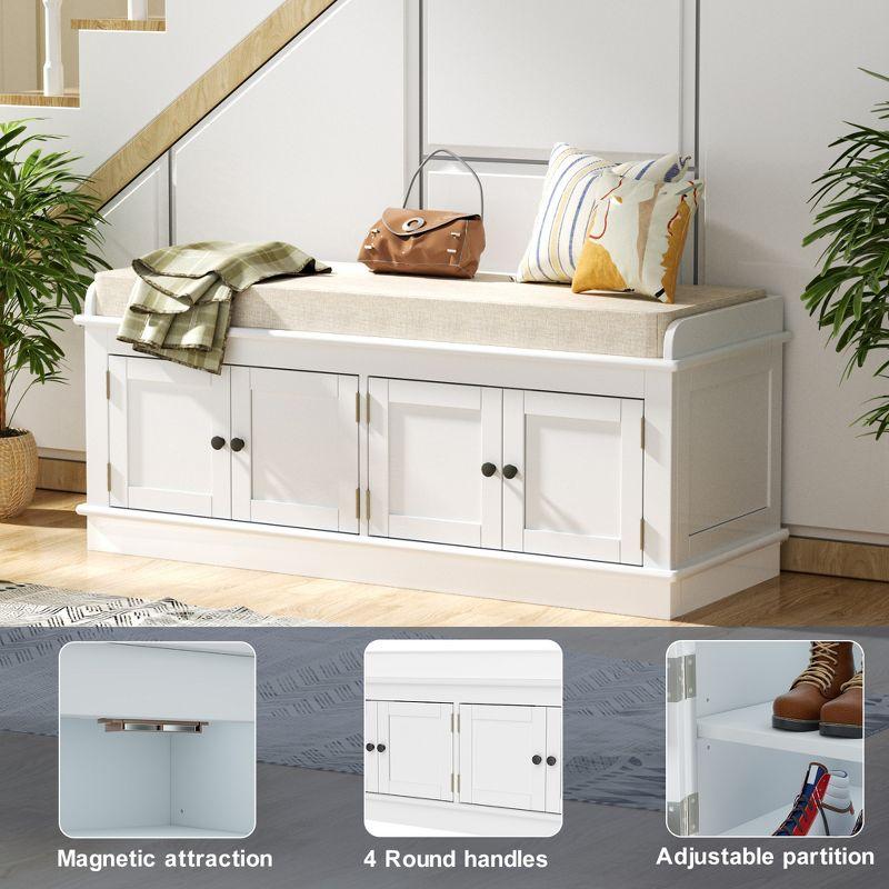 Storage bench w/4 Doors and Adjustable Shelves,ShoeBench w/Removable Cushion & Seating for Entryway Living Room Hallway Bedroom