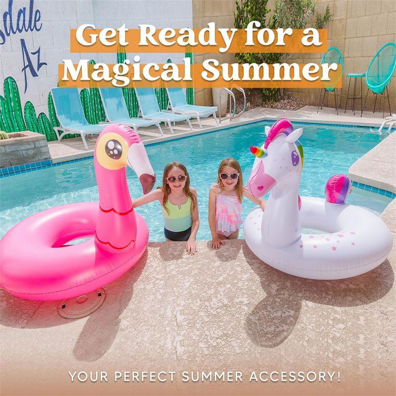 Joyfy 2 Packs Pool Floats Tube, Inflatable Unicorn Flamingo Pool Toys Floaties with Headrest, Pool Swim Ring for Kids Adults Beach Lake Summer Fun