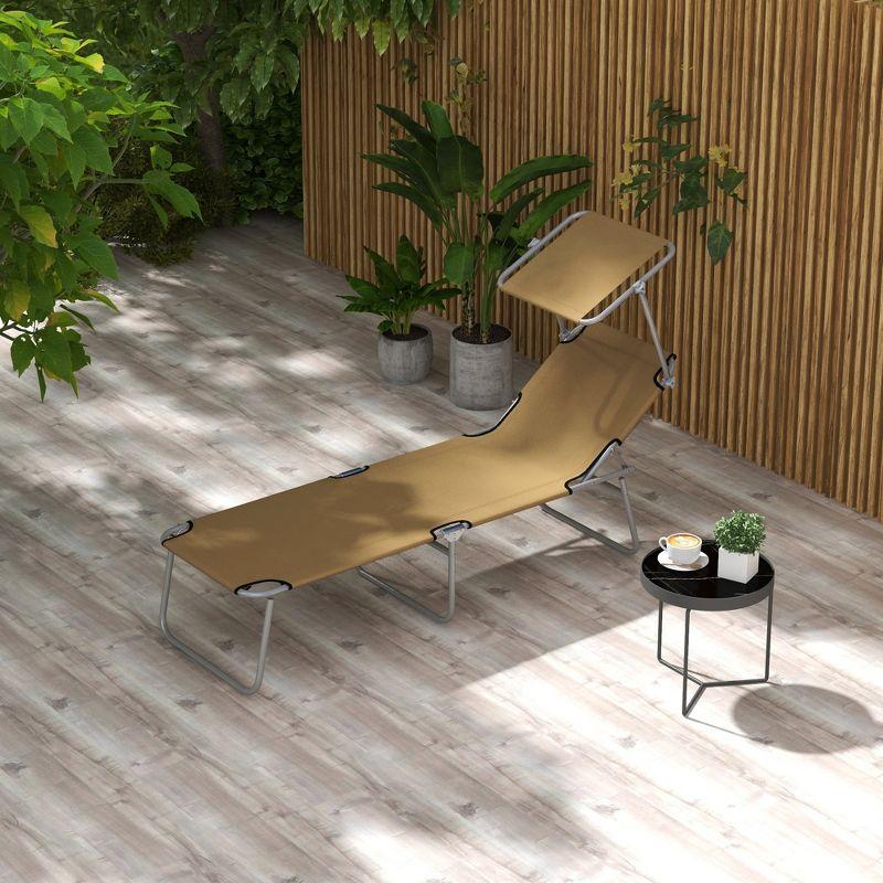 Tan Adjustable Folding Steel Outdoor Chaise Lounge with Sun Shade