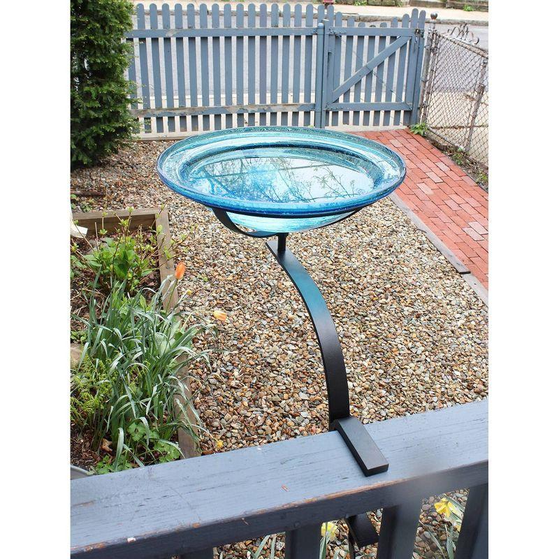 13.7" Diameter Reflective Crackle Glass Birdbath Bowl with Rail Mount Bracket Teal Blue - Achla Designs: Weather-Resistant, No Drill Installation