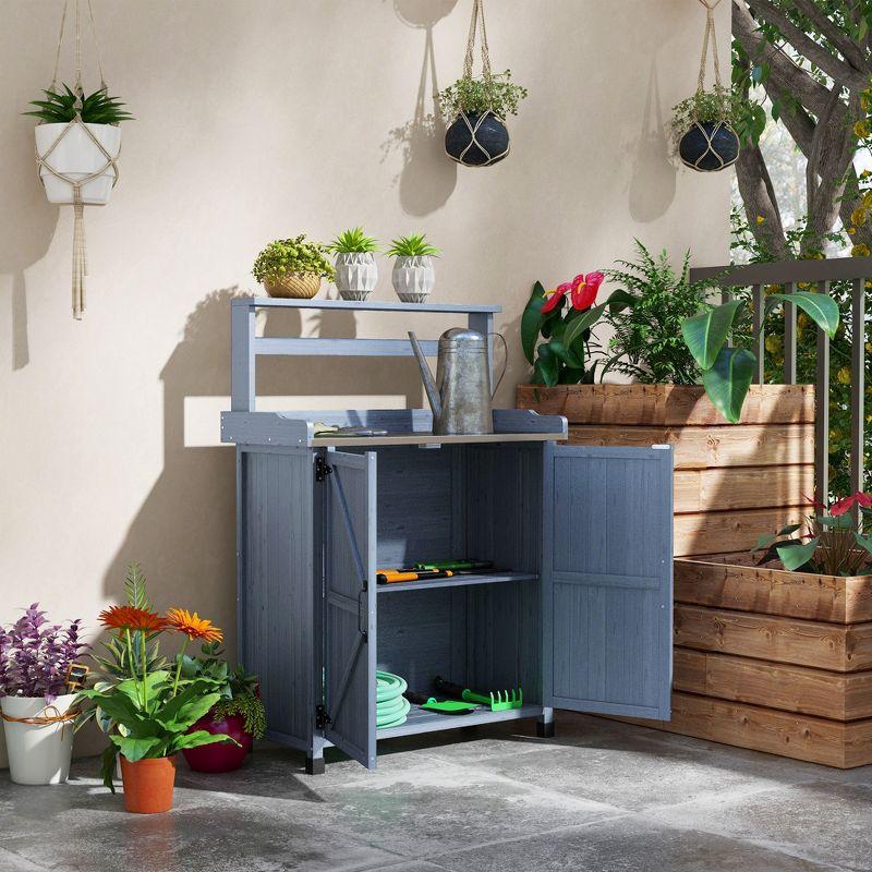 Gray Wooden Potting Bench with Storage Cabinet and Shelves