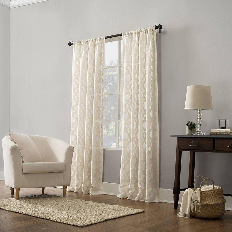 Cream Off-White Sheer Lace Detail Rod Pocket Drapes