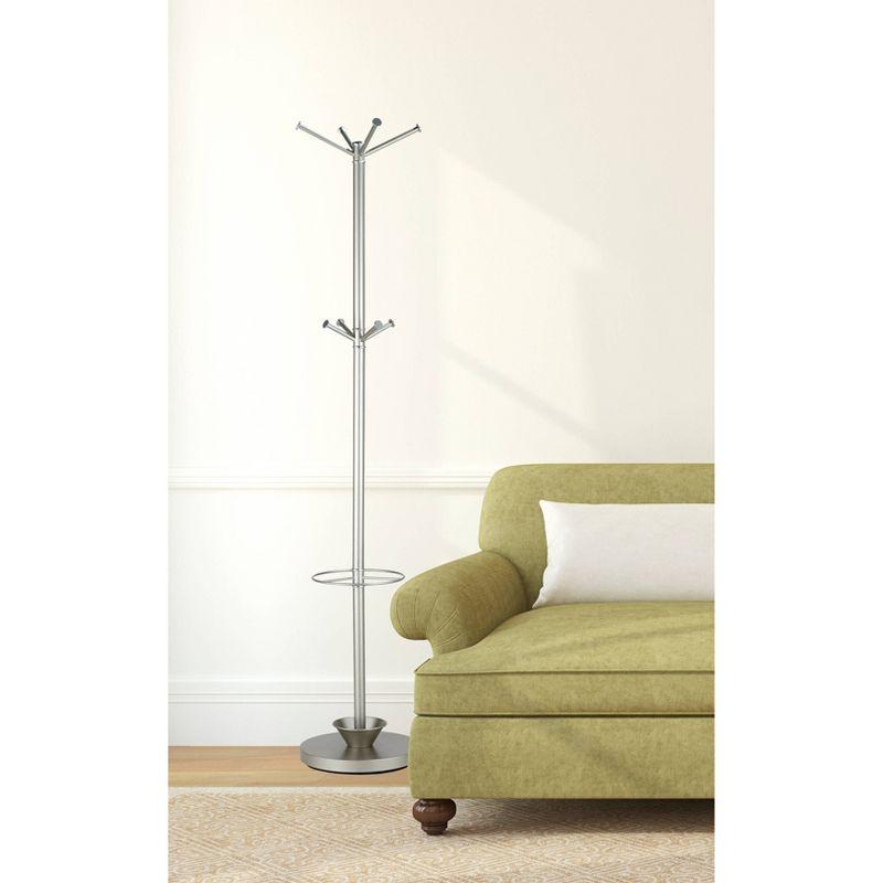 Quatro Umbrella Stand & Coat Rack Steel - Adesso: Metal Frame, 8 Hooks, Weighted Base, 67.5" Height