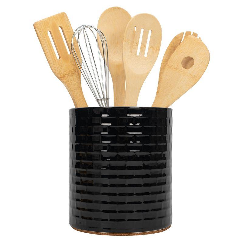 Glossy Black Ceramic Utensil Holder with Cork Bottom