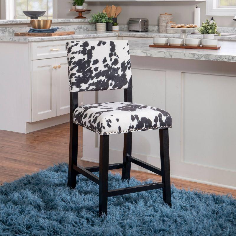 Linon Corey Black Cow Print Upholstery Counter Height Barstool Black/White: Farmhouse Style, Wood Frame, Footrest