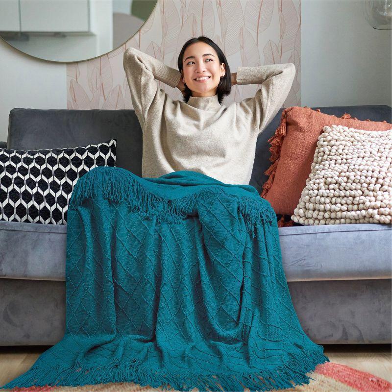 Teal Blue Knitted Fleece Reversible Throw Blanket