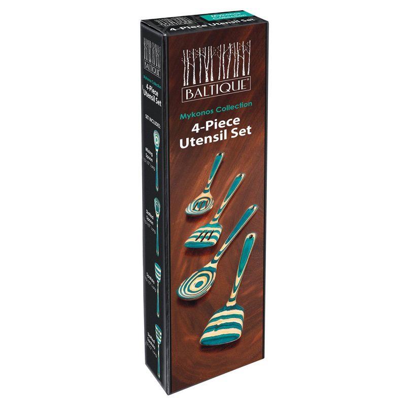 Baltique 4pc Mykonos Utensil Set: Wood Kitchen Tools, Hand Wash, Adult Cooking Utensils, Turquoise Blue