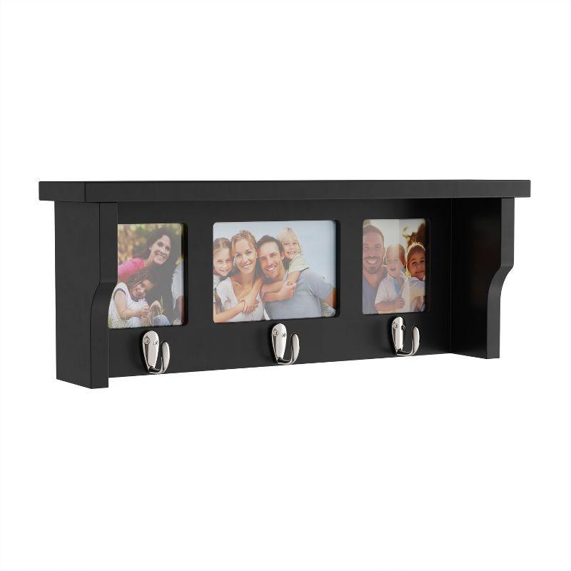 Wall Shelf and Picture Collage with Ledge and 3 Hanging Hooks- Photo Frame Decor Shelving with Modern Look, Holds 3 Photos By Hastings Home (Black)