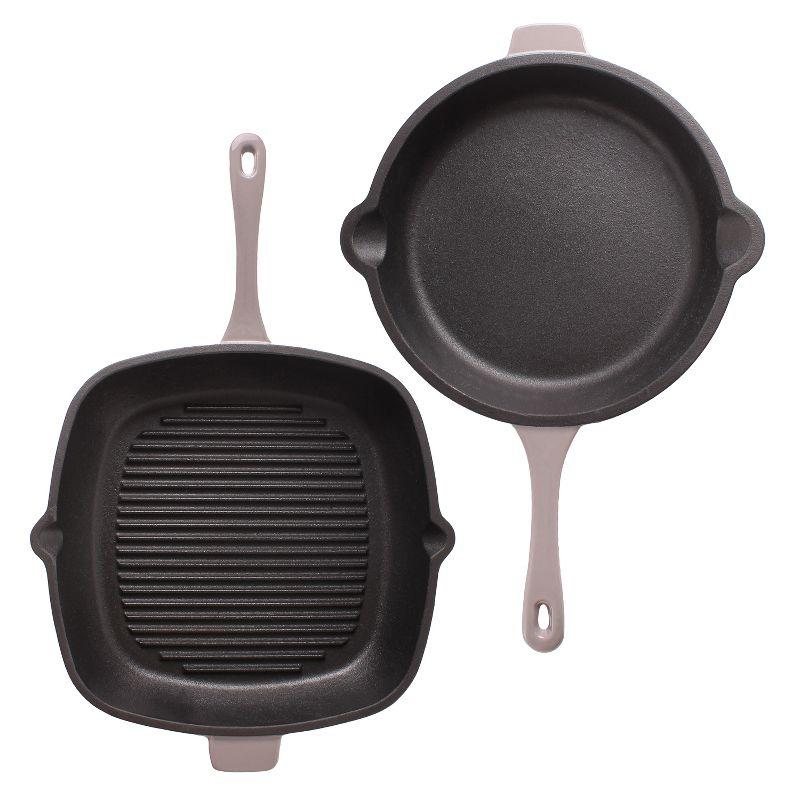 BergHOFF Neo 2Pc Cast Iron Cookware Set, 11" Grill Pan & 10" Fry Pan, Oyster