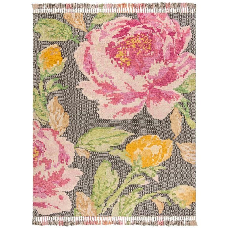 Gray and Pink Floral Hand-Knotted Wool Area Rug 8' x 10'