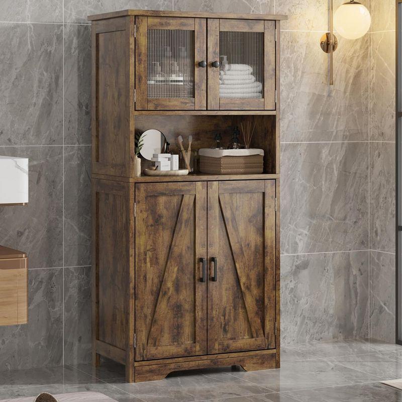 Freestanding Floor Linen Storage Cabinet with Glass Doors & Adjustable Shelves, Standing Cupboard for Bathroom, Kitchen, Living Room, Vintage