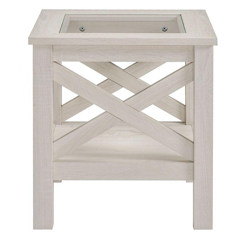 HOMCOM Farmhouse End Table, Sofa Side Table with Tempered Glass Top, Coffee Table with Underneath Storage Shelf for Living Room, Bedroom, White Oak