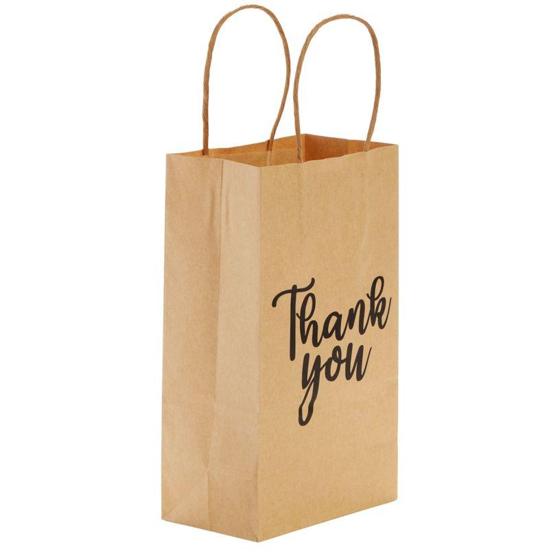 Sparkle and Bash 100-Pack Small Thank You Gift Bags with Handles, Brown Kraft Paper Material Bag Bulk for Wedding Birthday Favor, 9x5.3x3.15 in