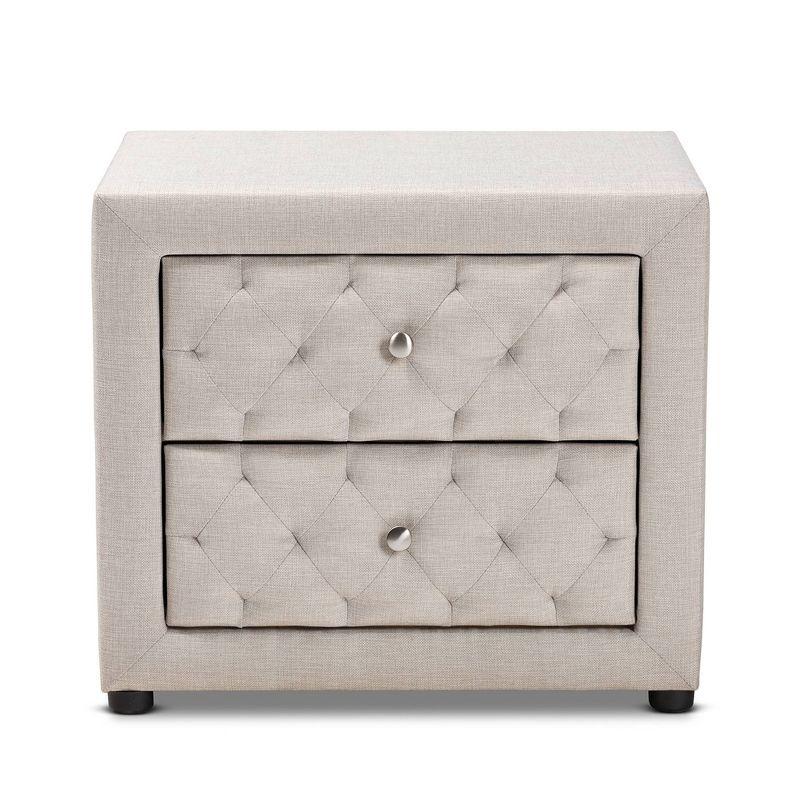 2 Drawer Lepine Wood Nightstand Beige - Baxton Studio: Upholstered, Tufted, Silver Knobs, Assembly Required