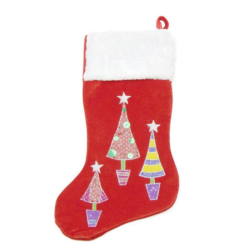 Red and White Velveteen Christmas Stocking with Embroidered Trees