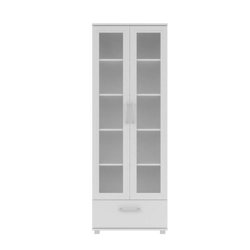 White 71.85" Bookcase with Frosted Glass Doors and Drawer