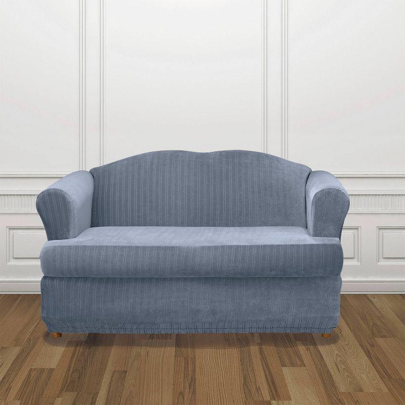 Stretch Pinstripe T-Cushion Loveseat Slipcover