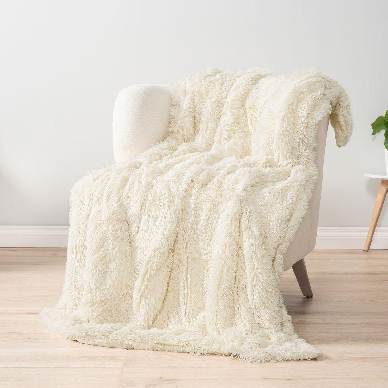 PAVILIA Fluffy Faux Fur Reversible Throw Blanket for Bed, Sofa, and Couch