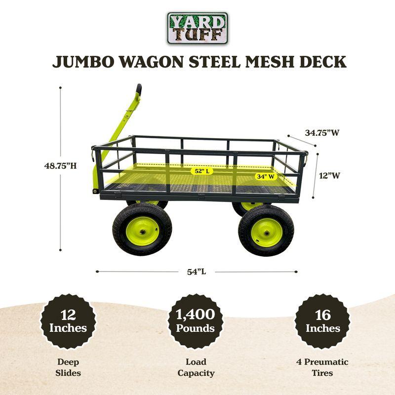 Yard Tuff Jumbo Wagon Heavy Duty Steel Mesh Deck Utility Outdoor Yard Cart, 1400 Capacity Haul with Large Stable Tires, 34 x 52 Inch, Gray/Green