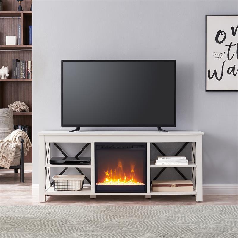 White TV Stand with Crystal Fireplace Insert - Henn&Hart