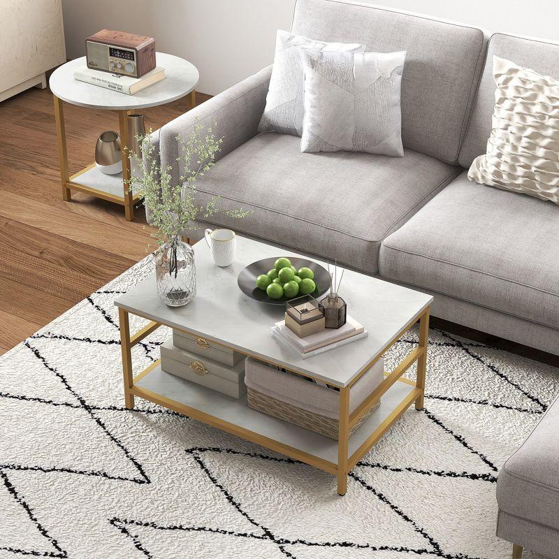 HOMCOM Coffee Tables Set of 2, Rectangle and Round Coffee Table with Storage Shelves, Faux Marble Top and Steel Frame, White