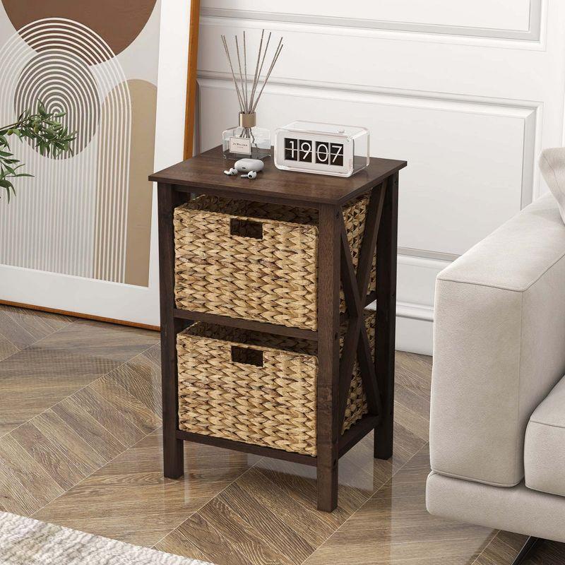 Costway 2 PCS 2-Tier Nightstand with 2 Seagrass Baskets Rubber Wood X-Shaped Frames 2 Drawers