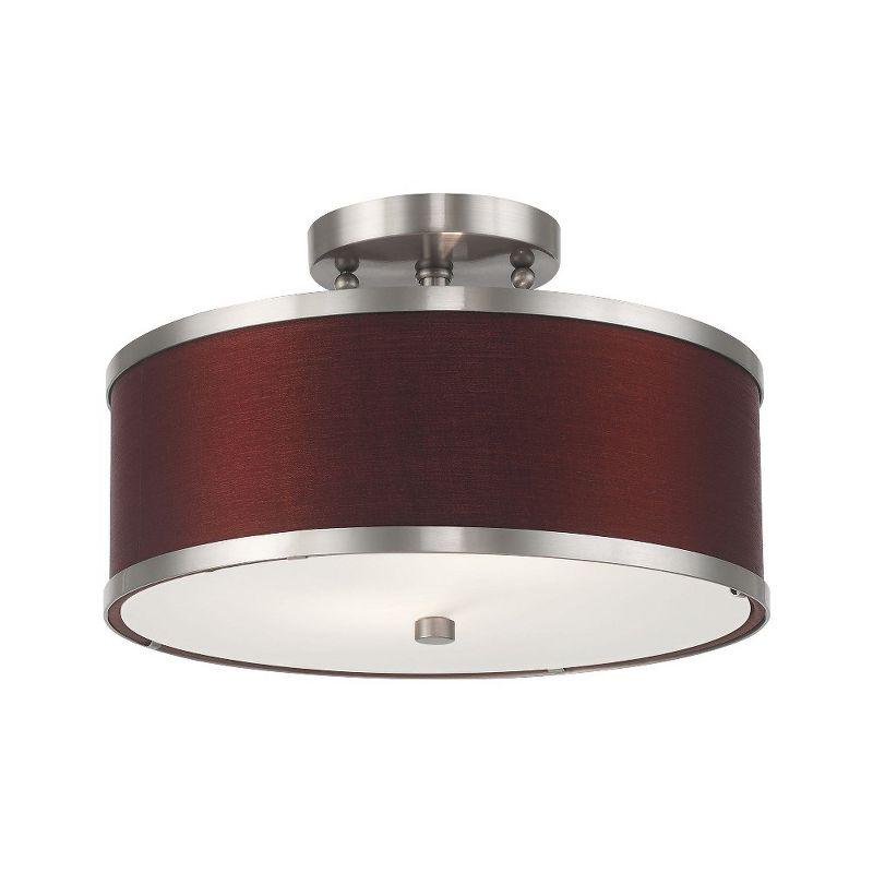 Brushed Nickel 2-Light Semi-Flush Mount with Red Wine Fabric Shade