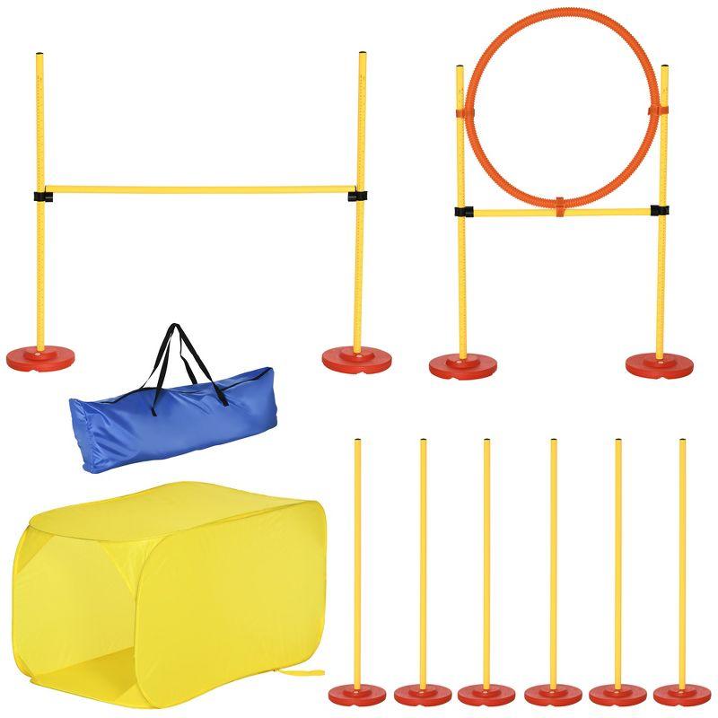 PawHut 4-Piece Dog Agility Training Equipment Doggie Obstacle Course with Tunnel, Hurdle Bar, Hoop, Weave Poles, and Easy Carry Case