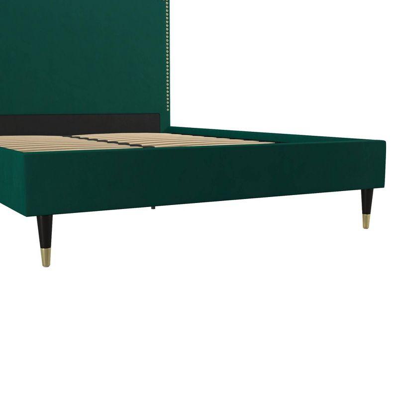 Emerald Green Velvet Queen Bed with Gold Nailhead Trim & Black Legs