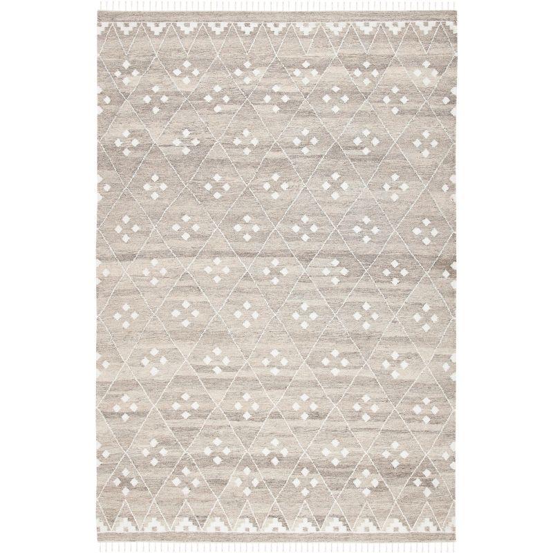 Natural Kilim Hand Woven Wool/Viscose/Cotton Geometric Rug in Natural Beige/Ivory