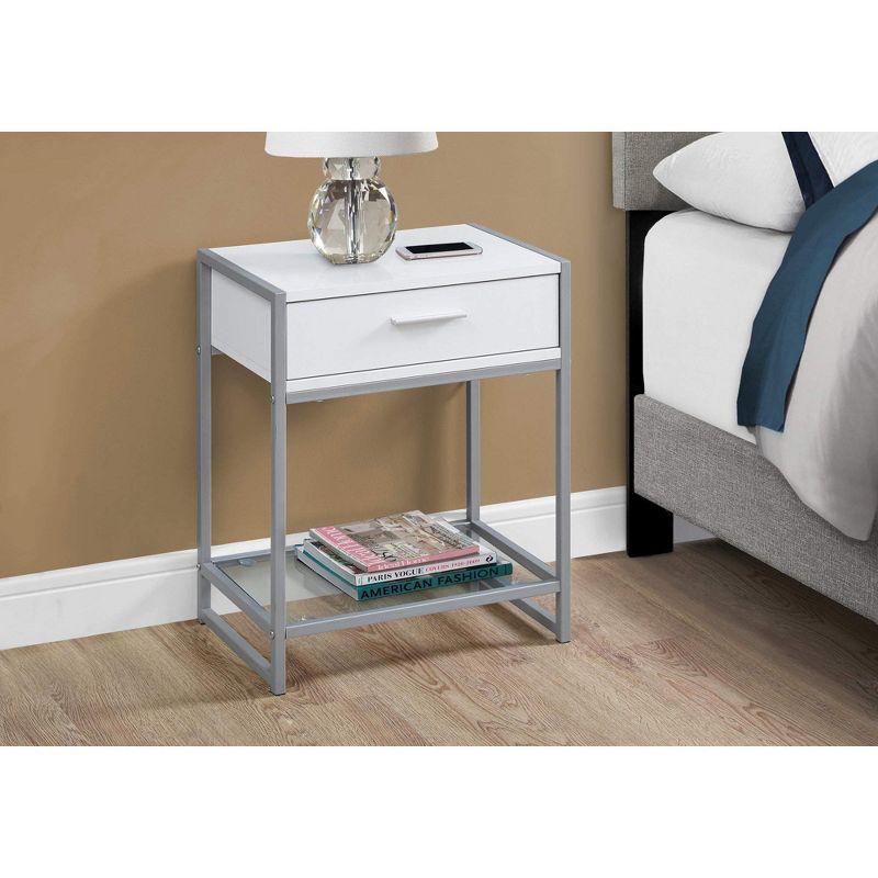 Monarch Specialties Accent Table Side End Nightstand Lamp Storage Drawer Metal Laminate Tempered Glass White Grey Contemporary Modern