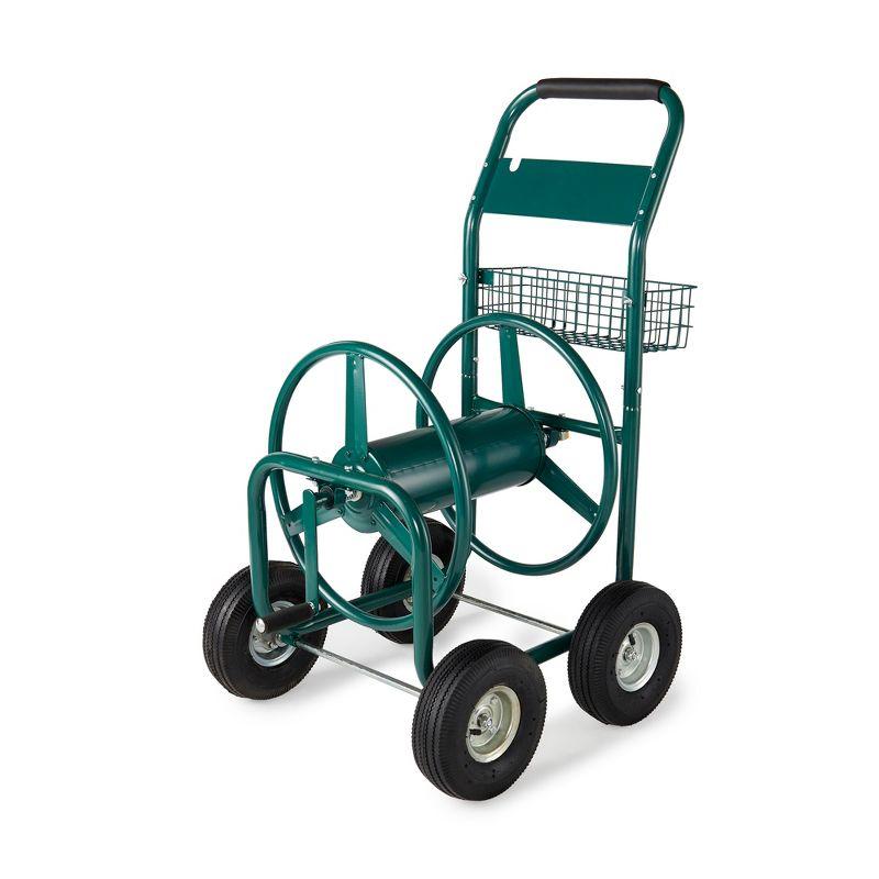 Green Steel 4-Wheel Garden Hose Reel Cart with Basket