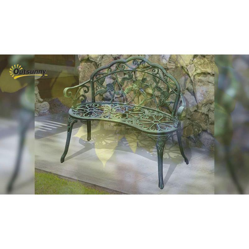 Outsunny Outdoor Bench, Cast Aluminum Outdoor Furniture, Metal Bench with Floral Rose Accent & Antique Finish, Green